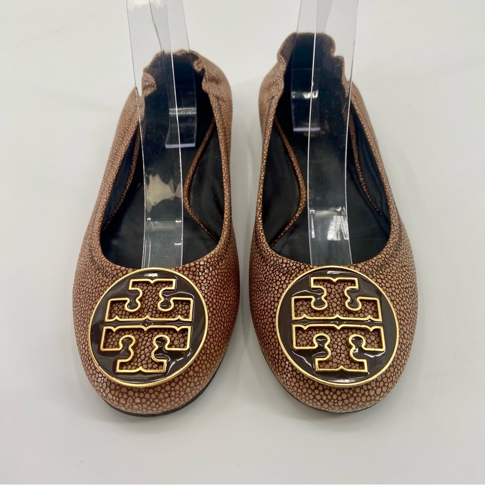 TORY BURCH Reva Stingray logo ballet flats Coconut Brown Sz 9